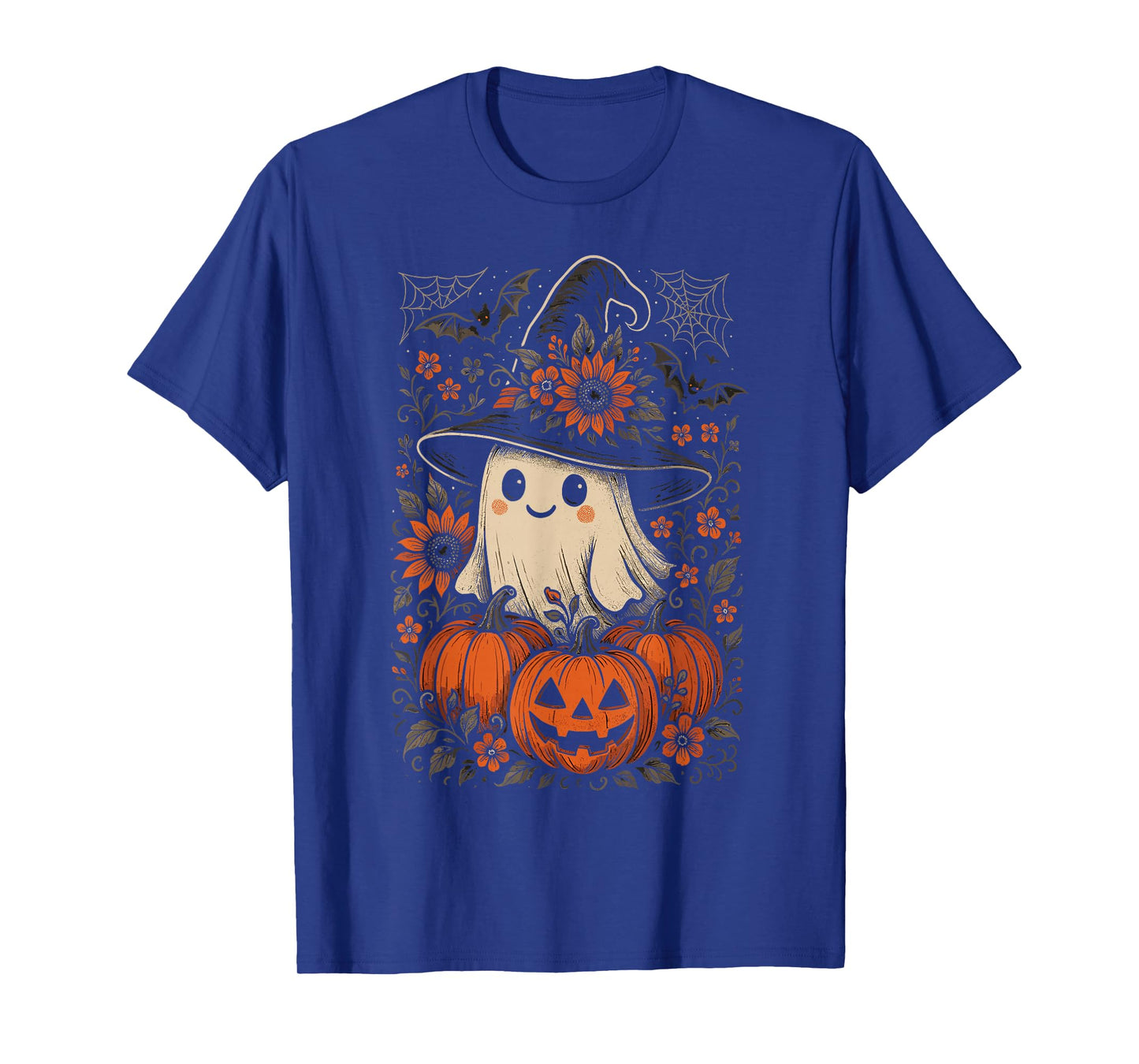 Cute Halloween Ghost Witch Hat Pumpkins Sunflowers Spooky T-Shirt