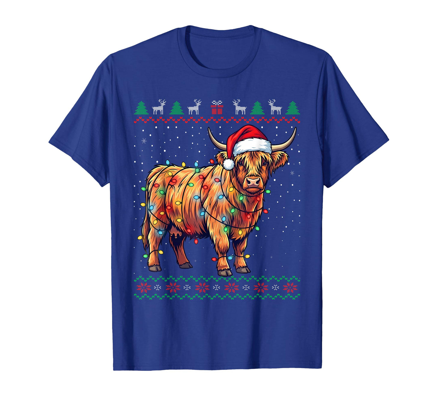 Funny Highland Cow Christmas Lights Santa Hat Holiday T-Shirt