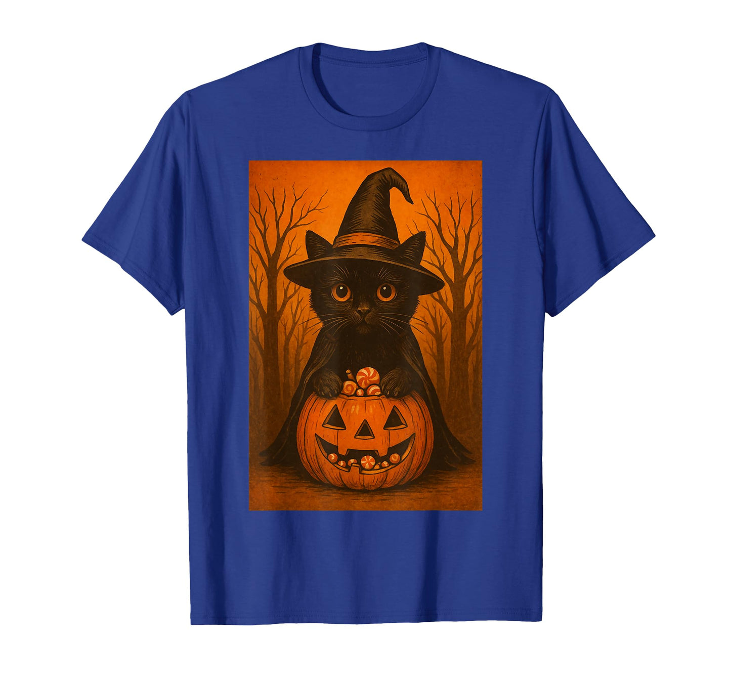 Vintage Black Cat Witch Pumpkin Halloween Candy Design T-Shirt