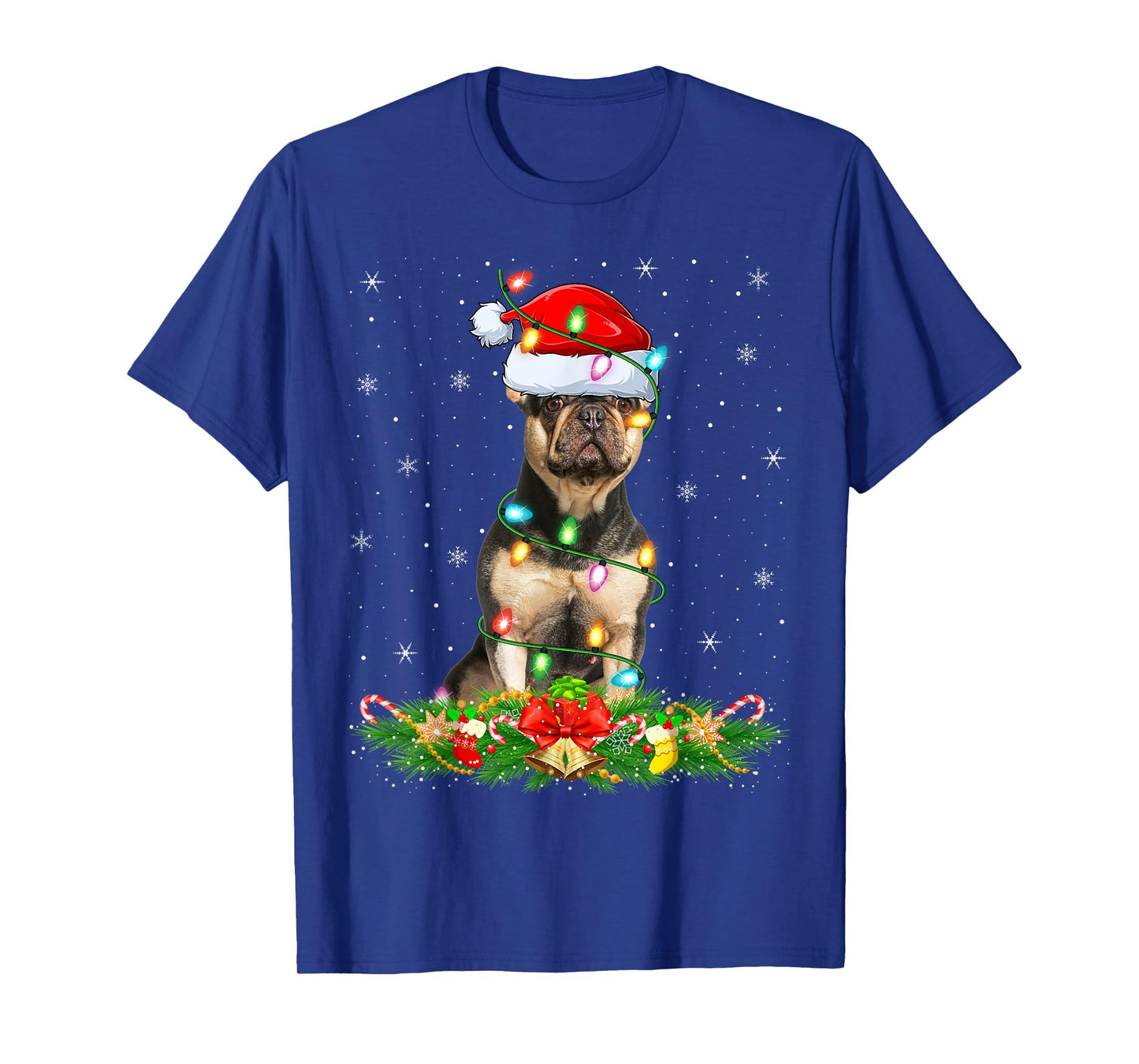 French Bulldog Christmas Lights Funny Santa Hat Xmas T-Shirt