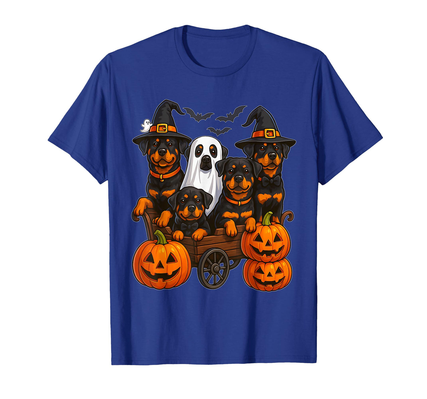 Halloween Rottweiler Dogs Ghost Witch Pumpkins Wooden Wagon T-Shirt