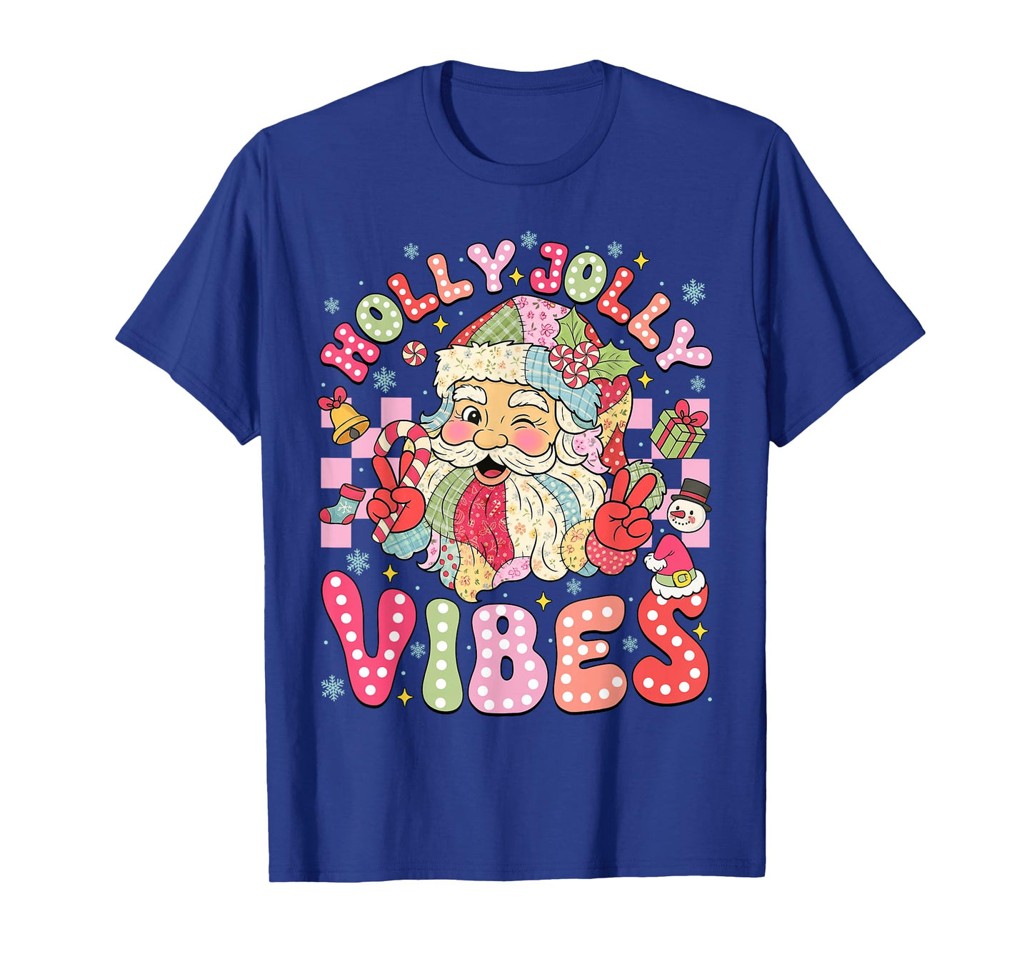 Patchwork Cute Santa Claus Christmas Vibes Xmas Women Girls T-Shirt