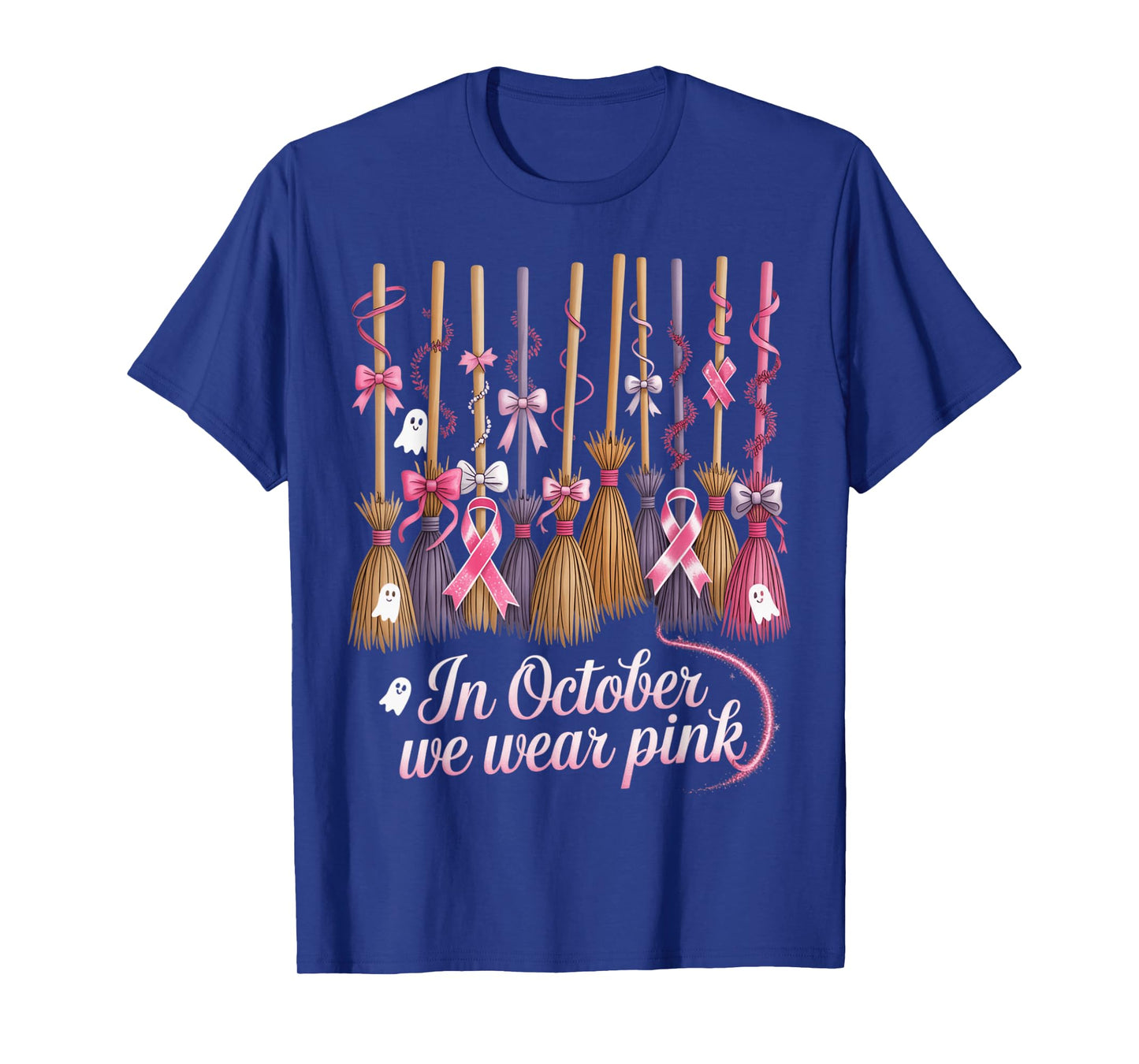 in October We Wear Pink Witches Brooms Spooky Breast Cancer T-Shirt