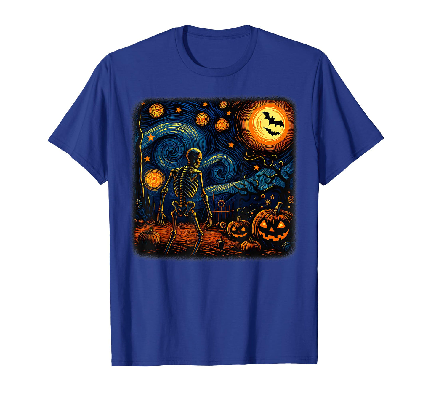Halloween Skeleton Starry Night Van Gogh Pumpkin Men Women T-Shirt