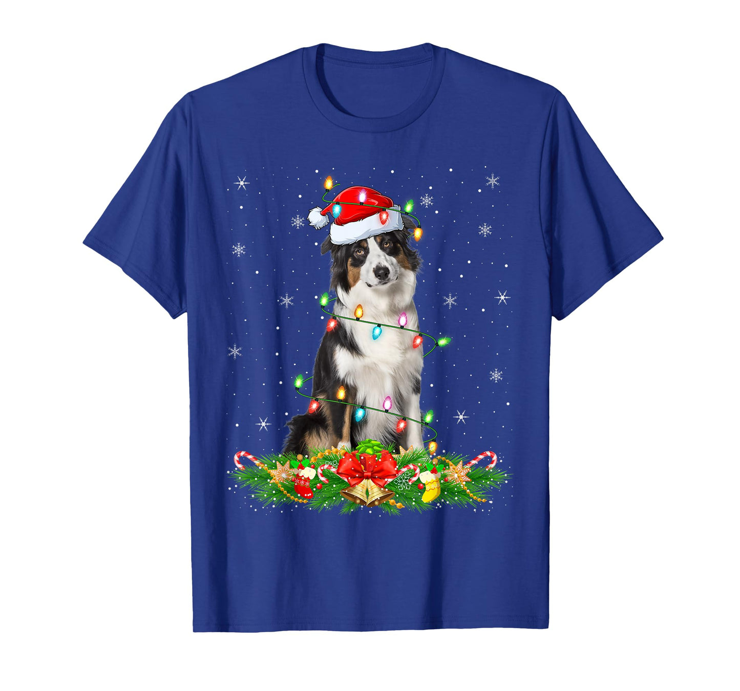 Australian Shepherd Dog Christmas Lights Santa Hat Xmas T-Shirt
