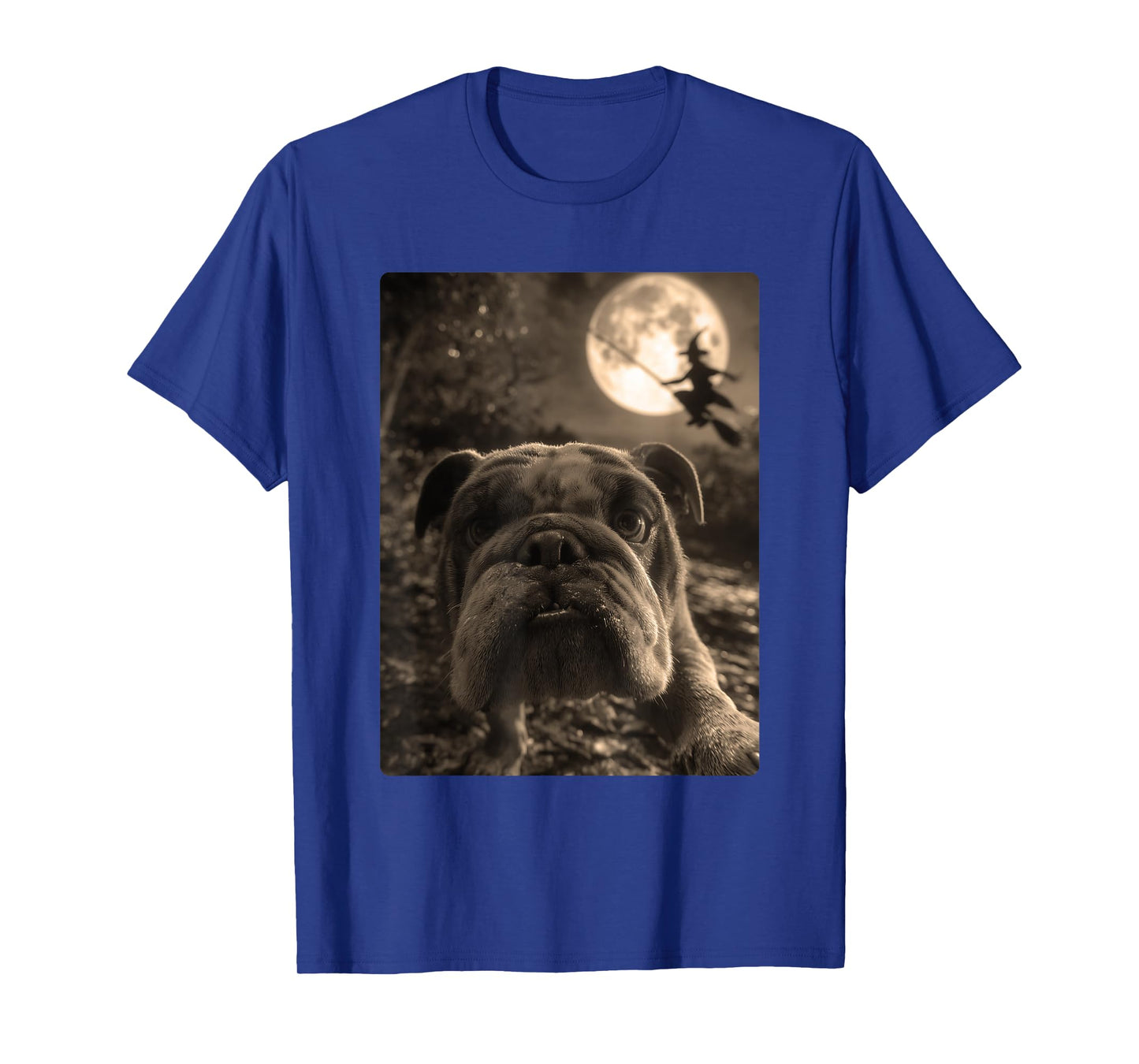 British Bulldog Selfie Full Moon Flying Witch Halloween Dog T-Shirt