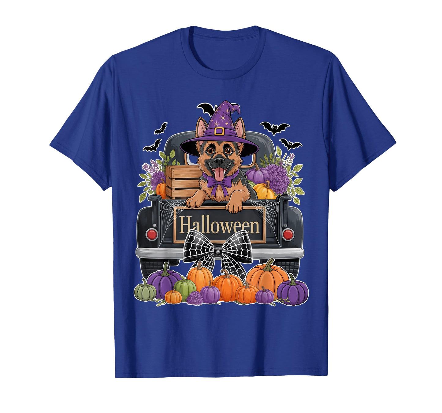 German Shepherd Witch Hat Truck Pumpkin Dog Lovers Halloween T-Shirt