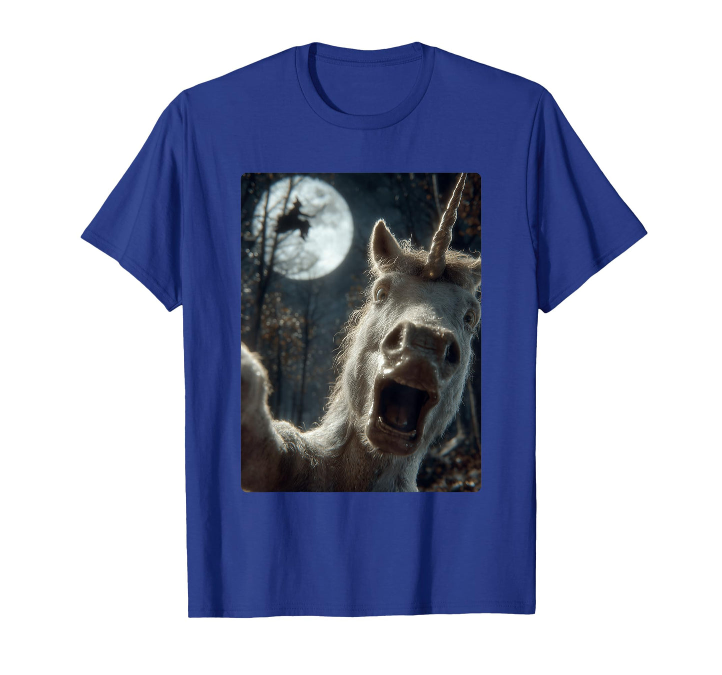 Funny Unicorn Selfie Full Moon Flying Witch Forest Halloween T-Shirt