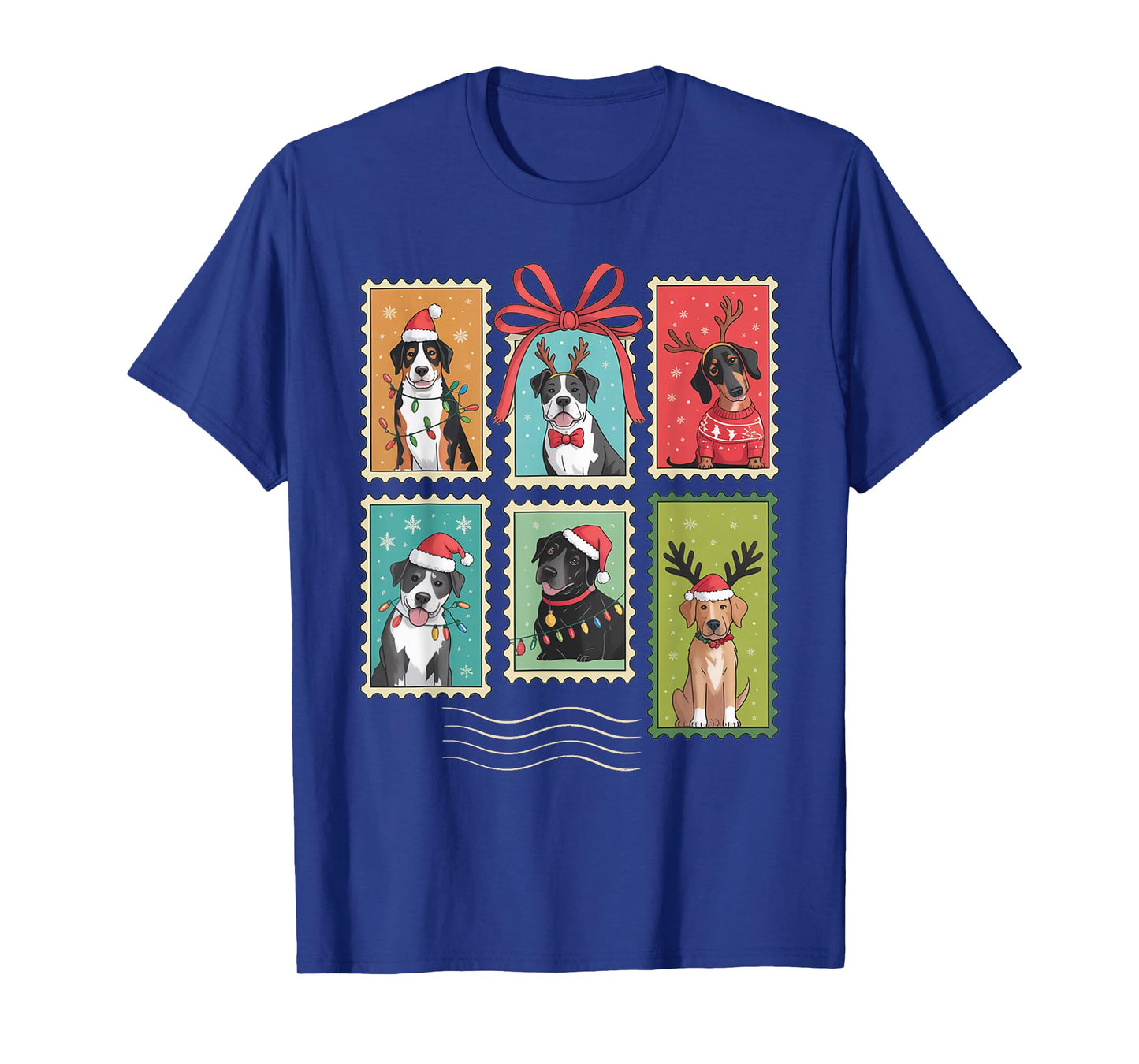 Cute Christmas Dogs Stamp Holiday Santa Hat & Reindeer Dog T-Shirt