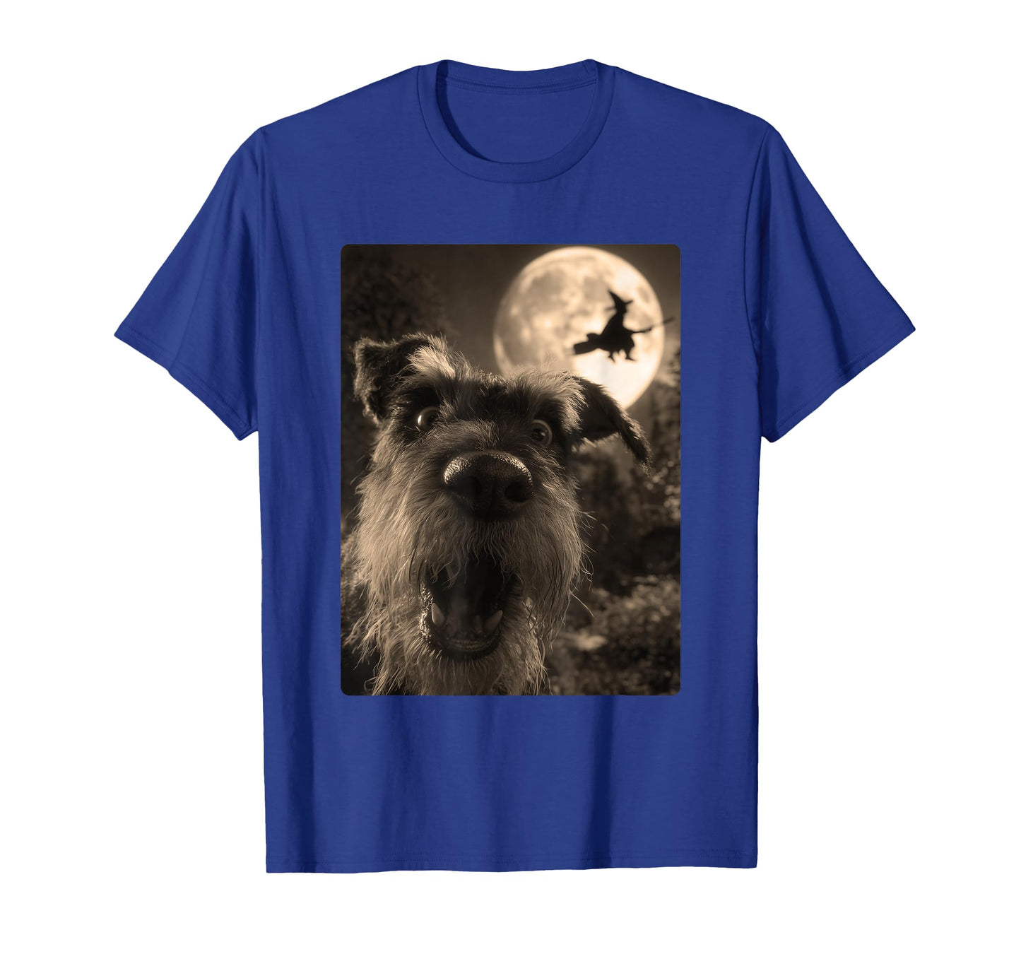 Funny Schnauzer Selfie Full Moon Flying Witch Halloween Dog T-Shirt