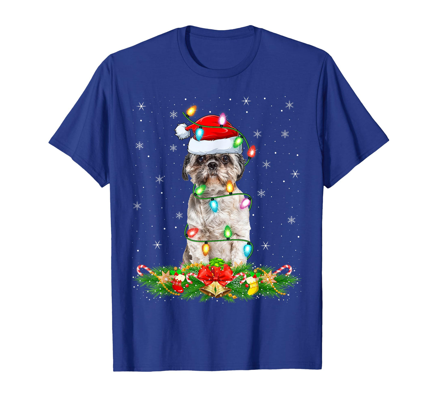 Shih Tzu Dog Christmas Lights Funny Santa Hat Xmas T-Shirt