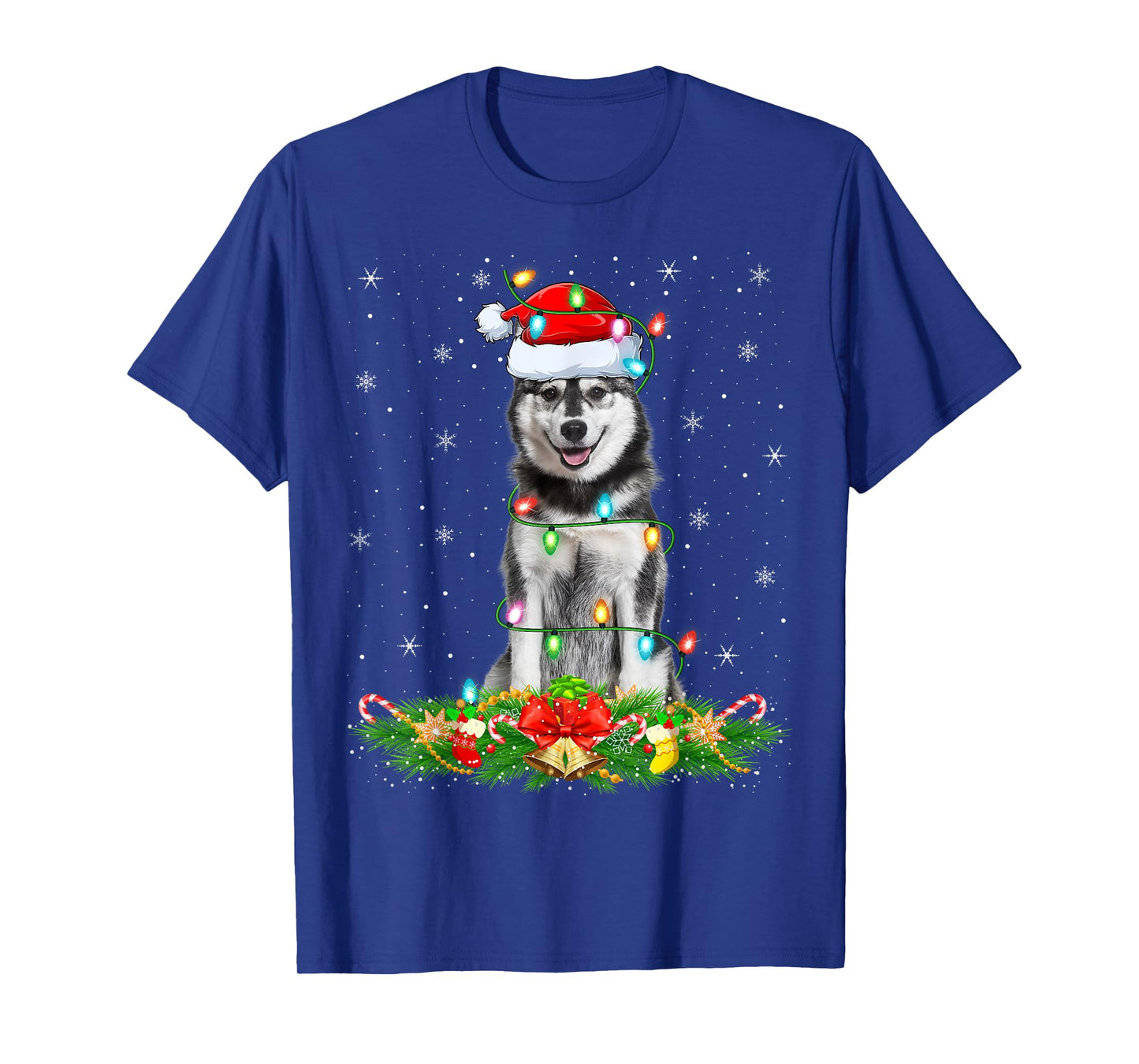 Siberian Husky Dog Christmas Lights Funny Santa Hat Xmas T-Shirt