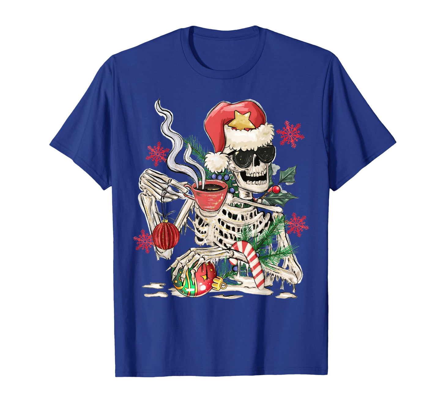 Santa Skeleton Drinking Coffee Funny Christmas Holiday T-Shirt