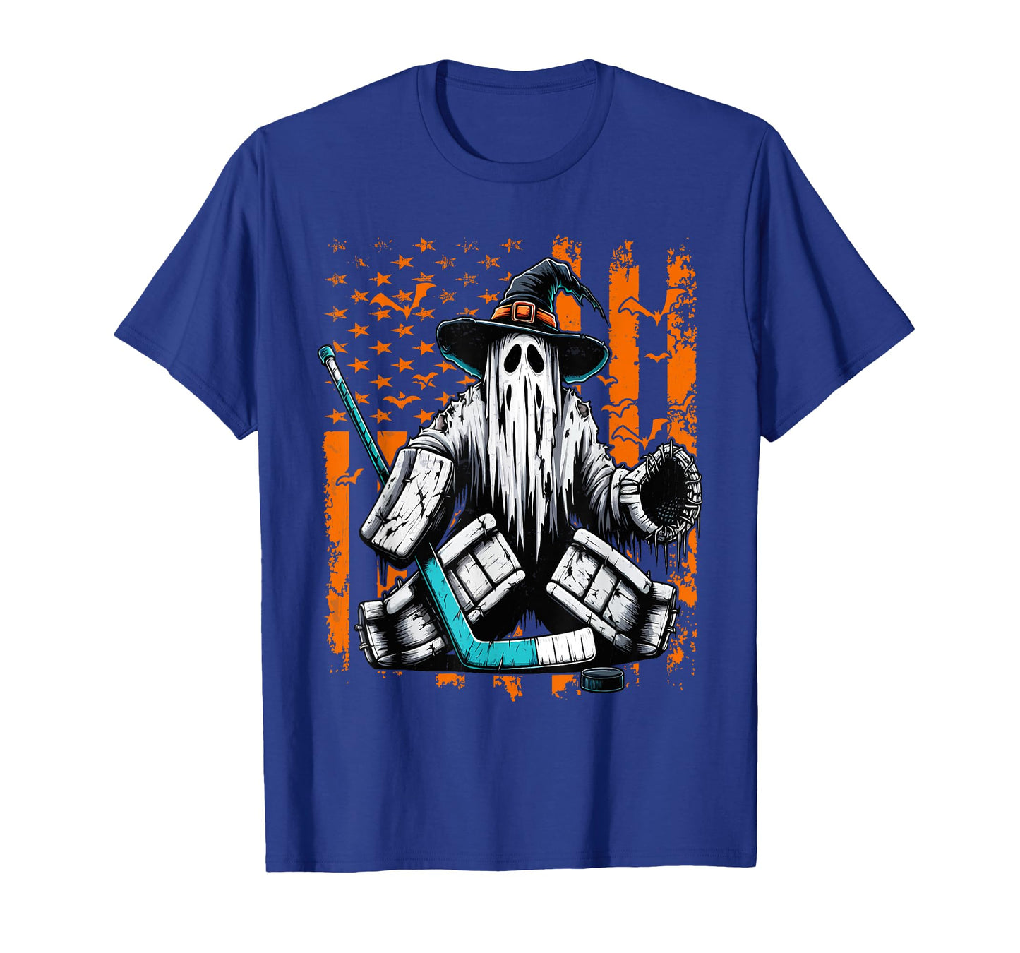 Hockey Goalie Ghost Halloween American Flag Ice Hockey T-Shirt