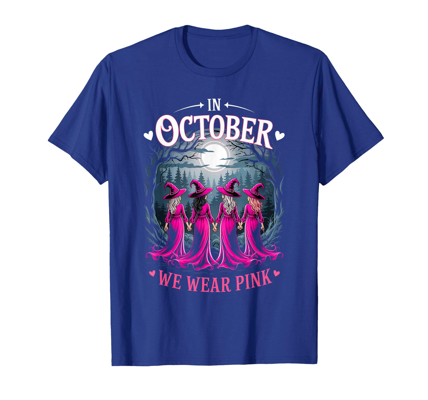 in October We Wear Pink Retro Witch Breast Cancer Awareness T-Shirt