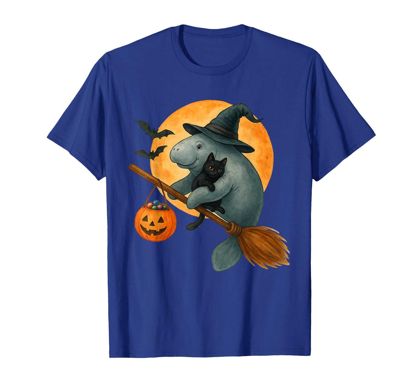 Retro Manatee Witch Hat Black Cat Pumpkin Halloween Costume T-Shirt