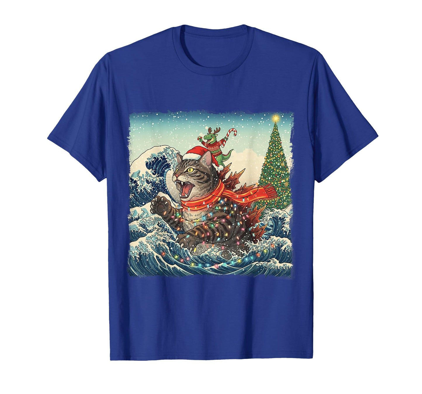 Cat Spooky Catzilla Japanese with Dino T-Rex Christmas Wave T-Shirt