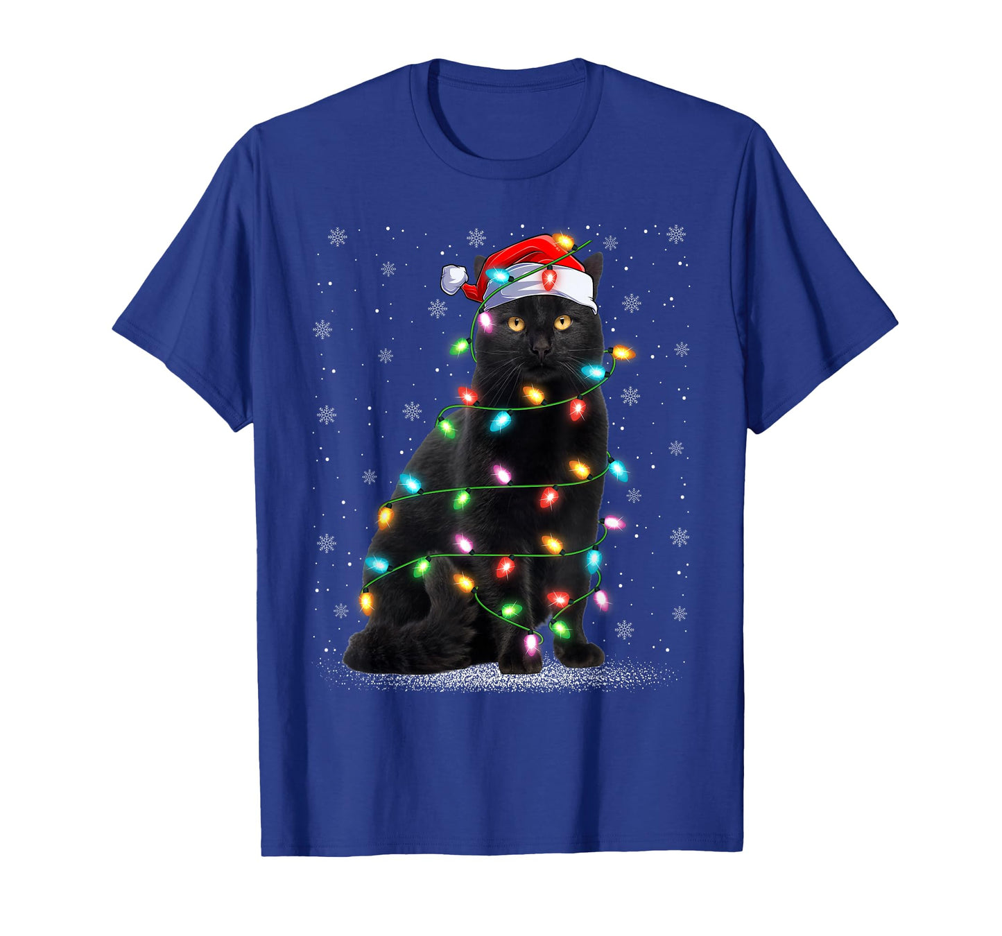 Black Cat Christmas Lights Santa Hat Cat Xmas Pajamas T-Shirt