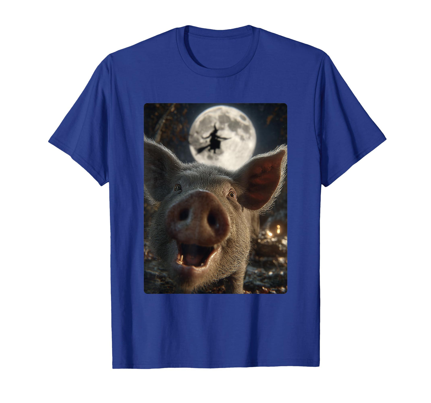 Funny Pig Selfie Full Moon Flying Witch Forest Halloween T-Shirt