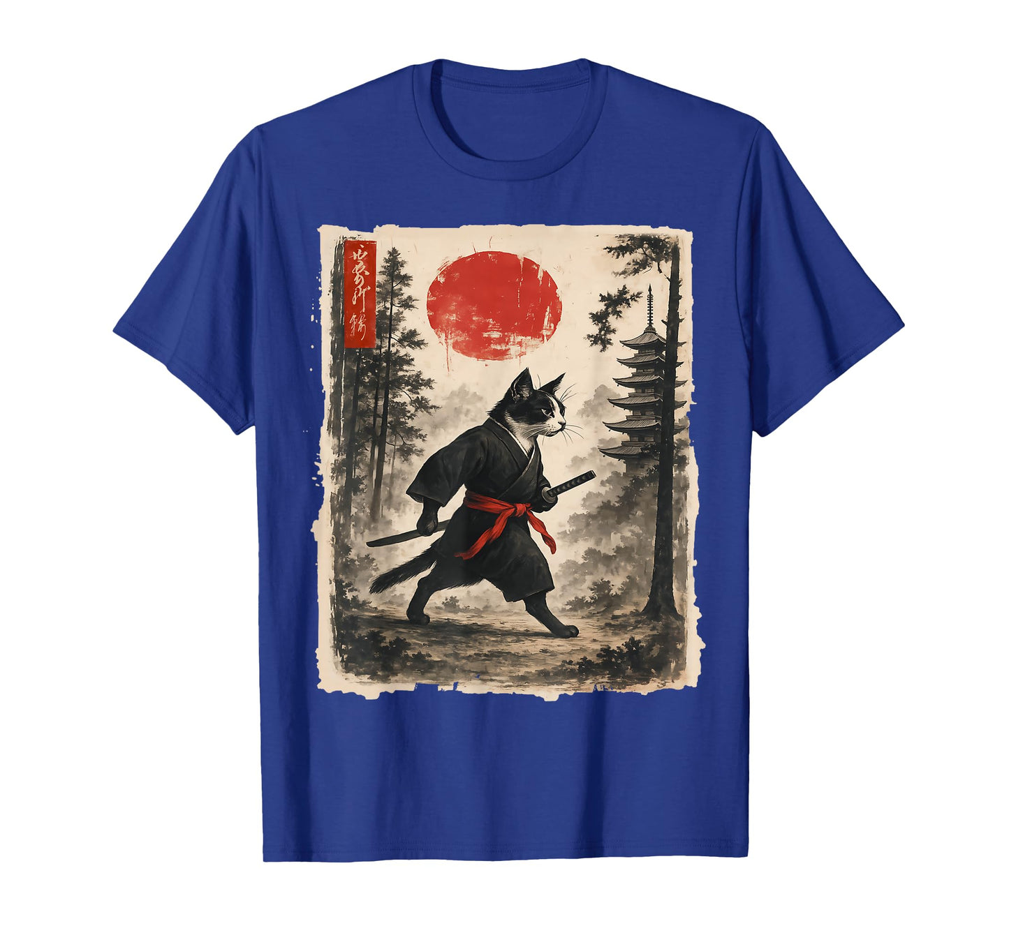 Samurai Cat Graphic Tee Warrior Vintage Japanese Art T-Shirt