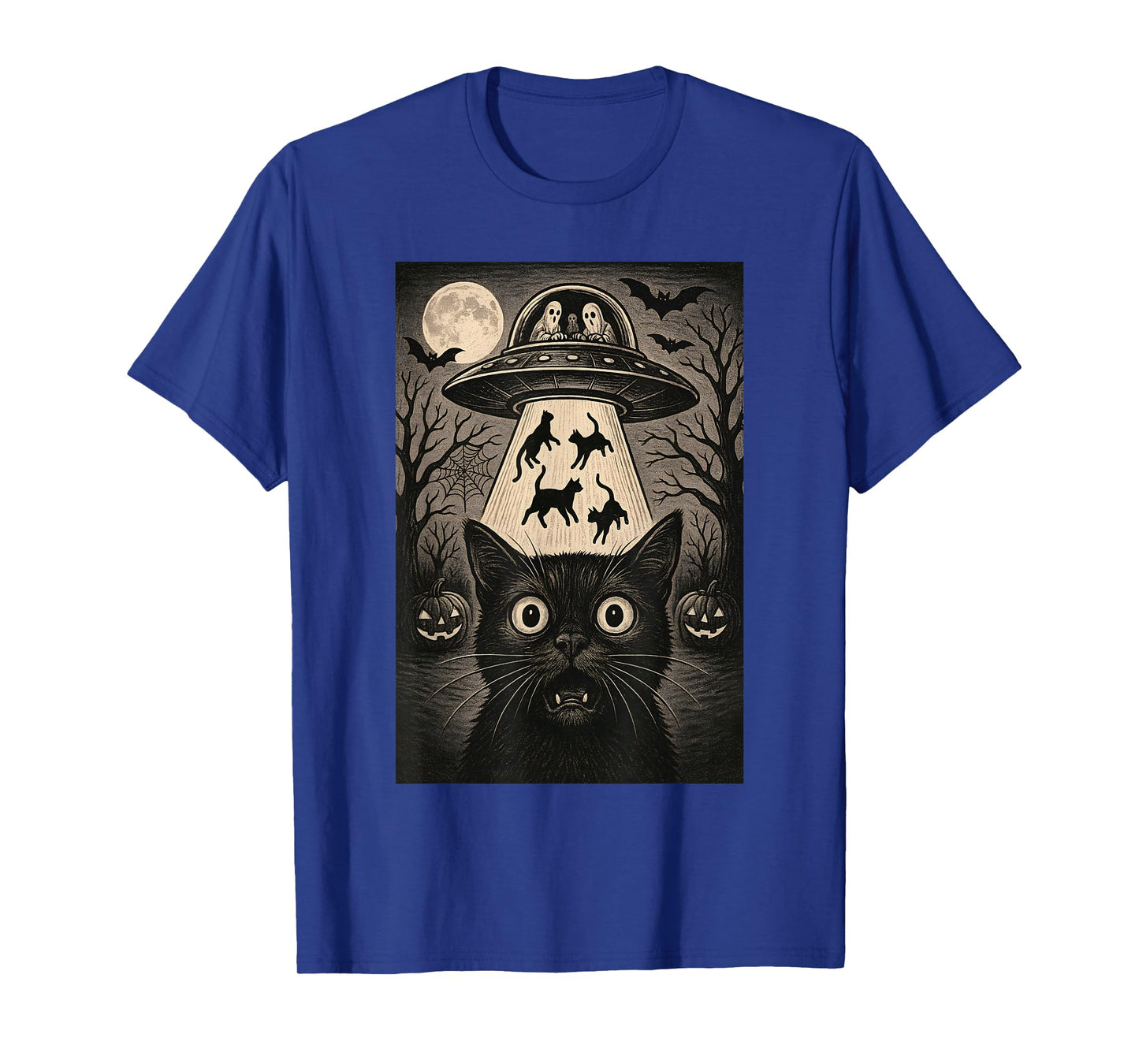 Halloween Cat Selfie Scary Alien Abduction Cats UFO Flying T-Shirt