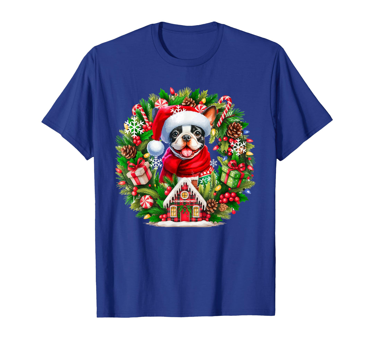 Santa Boston Terrier Christmas Floral Circle Owner Kids T-Shirt