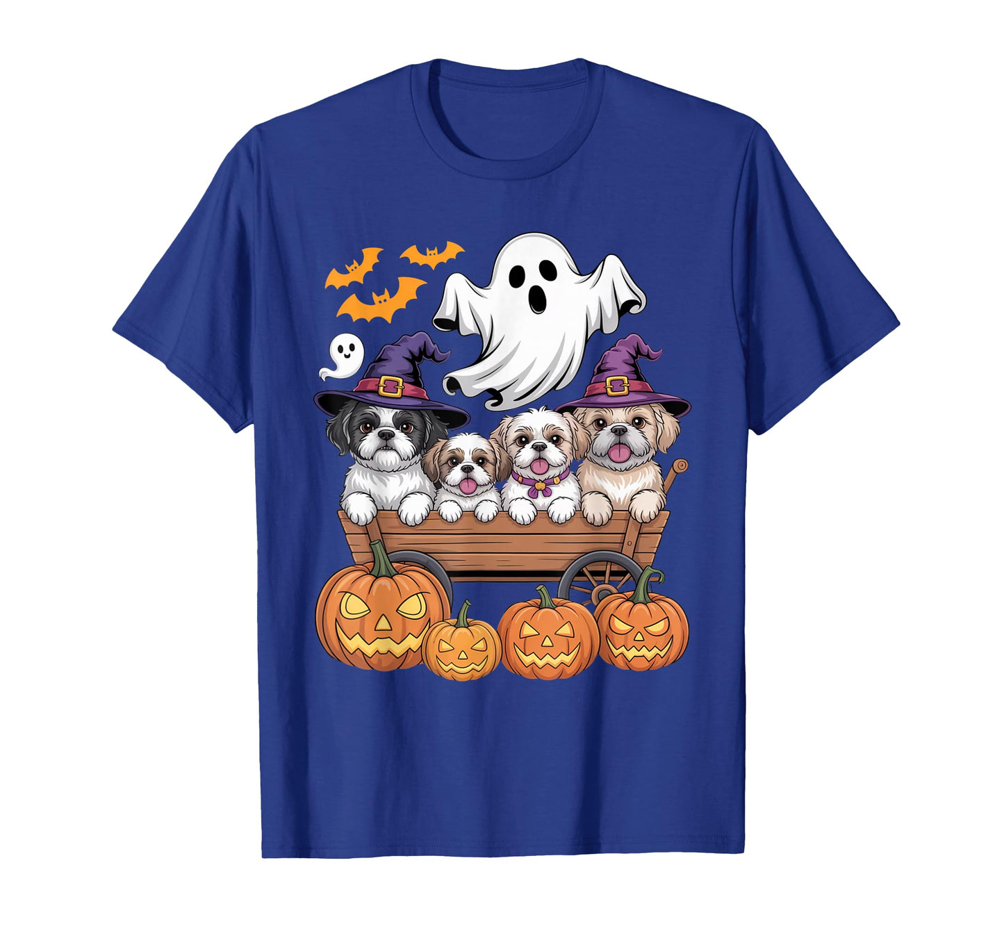 Shih Tzu Halloween Wagon Ghost Bats Pumpkins Cute Spooky T-Shirt