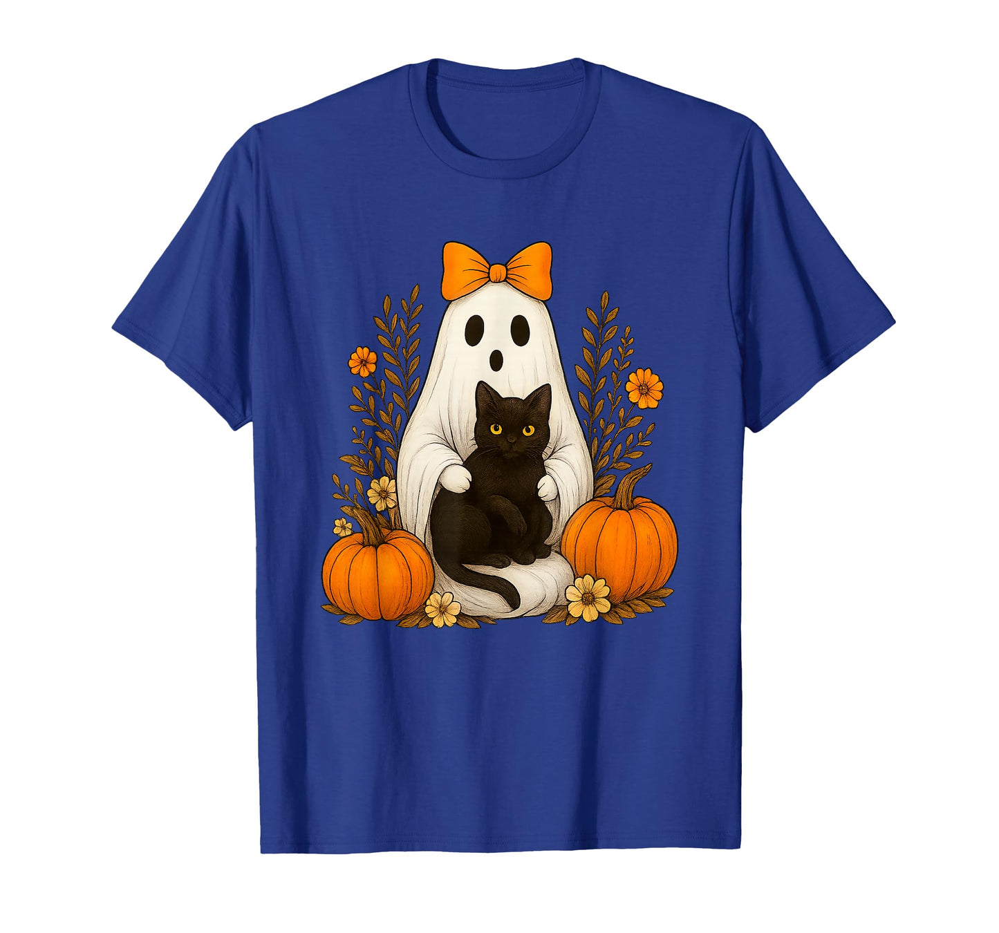 Halloween Ghost Holding Black Cat Groovy Floral Cute Boo T-Shirt