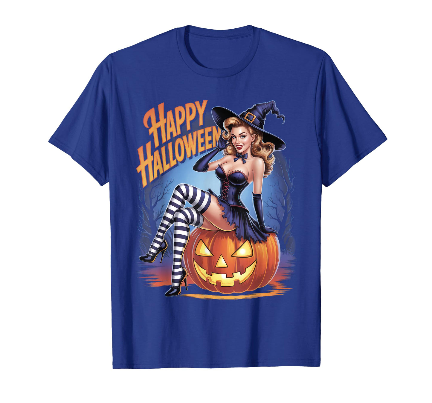 Happy Halloween Sexy Witch Sitting on Pumpkin Retro Costume T-Shirt
