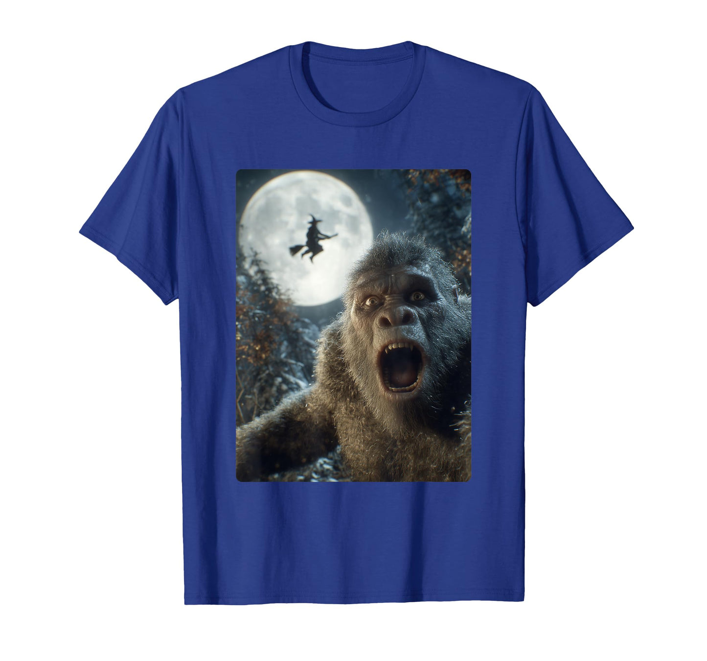 Funny Bigfoot Selfie Full Moon Flying Witch Forest Halloween T-Shirt