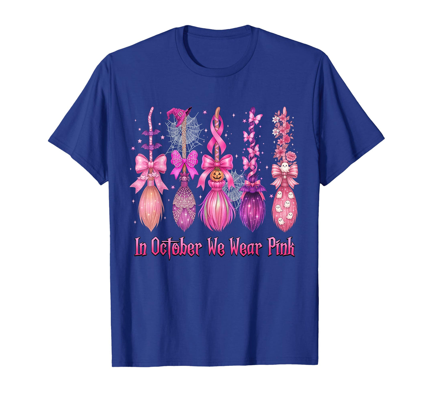 in October We Wear Pink Witch Broom Halloween Breast Cancer T-Shirt