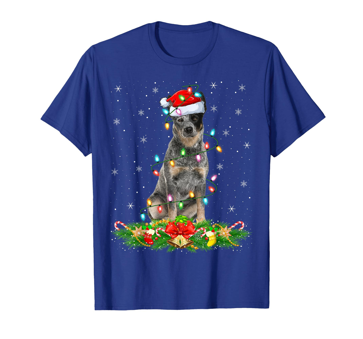 Blue Heeler Dog Christmas Lights Funny Santa Hat Xmas T-Shirt
