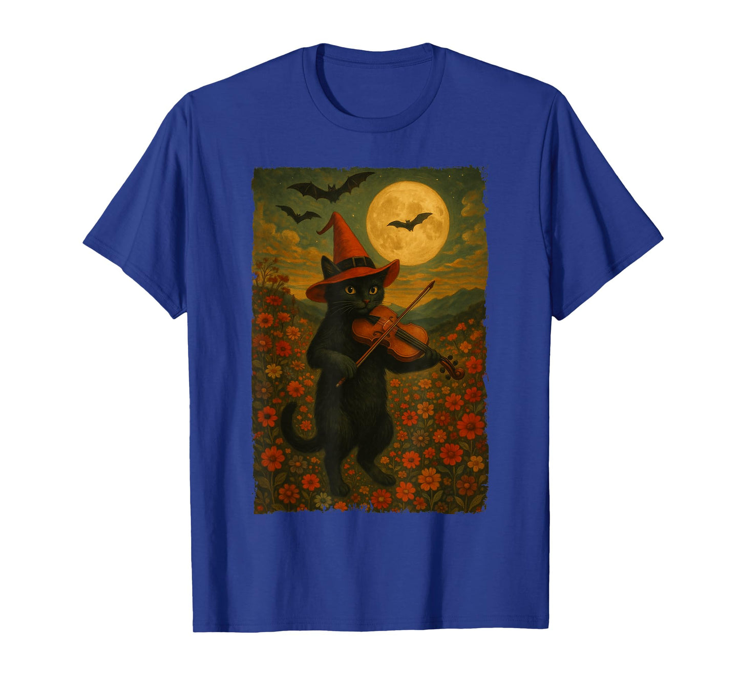 Vintage Halloween Black Cat Playing Violin In A Flower Field T-Shirt