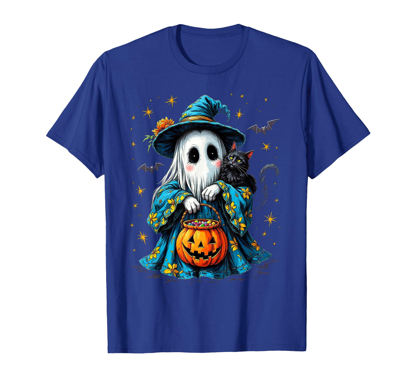 Ghost Holding Black Cat Lover Halloween 2025 Groovy Floral T-Shirt