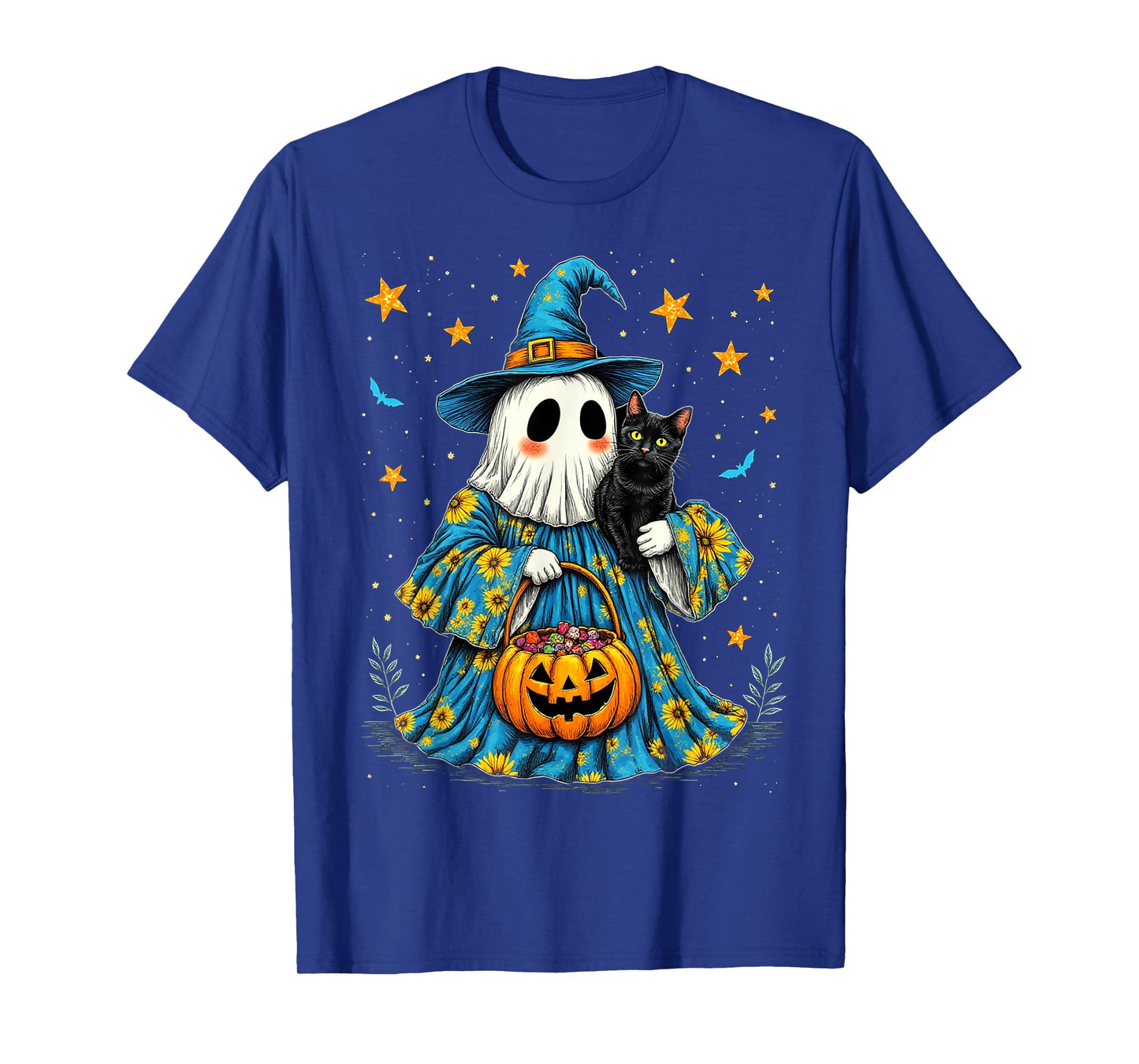 Cute Ghost and Black Cat Boo Groovy Floral Halloween 2025 T-Shirt