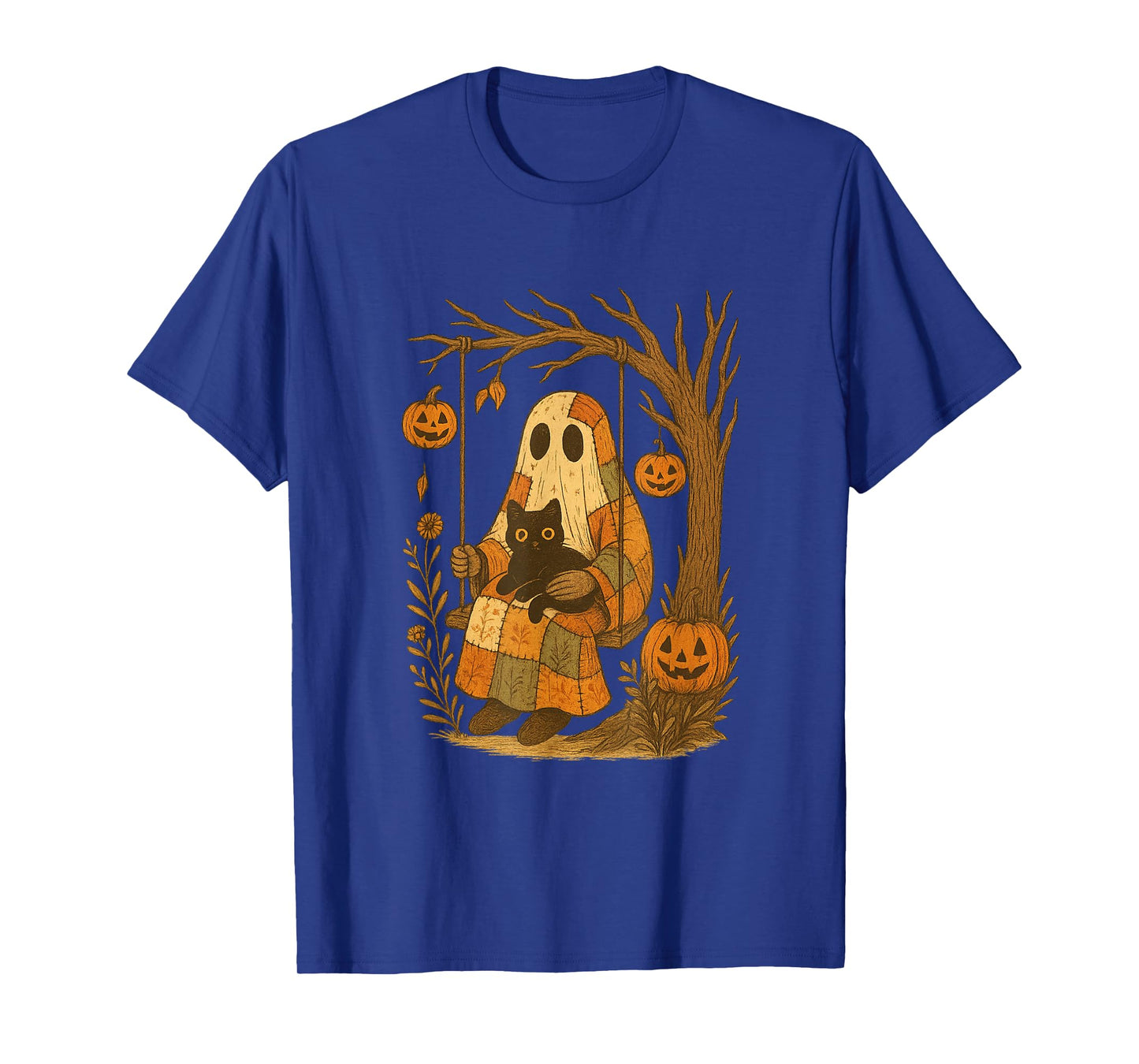 Vintage Halloween Ghost Holding Black Cat Groovy Floral T-Shirt