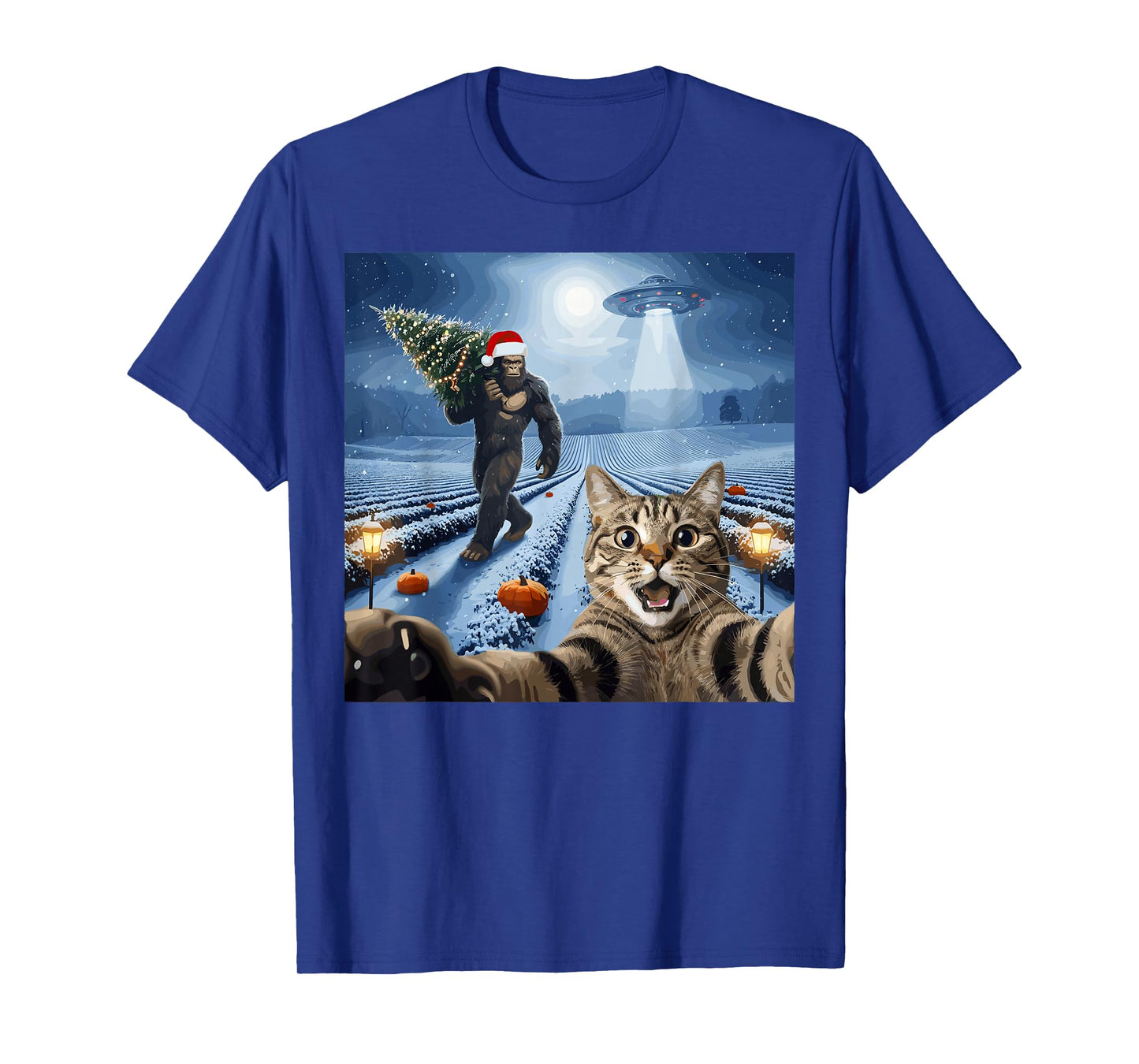 Christmas Bigfoot UFO Cat Selfie Pumpkin Snow Scene T-Shirt
