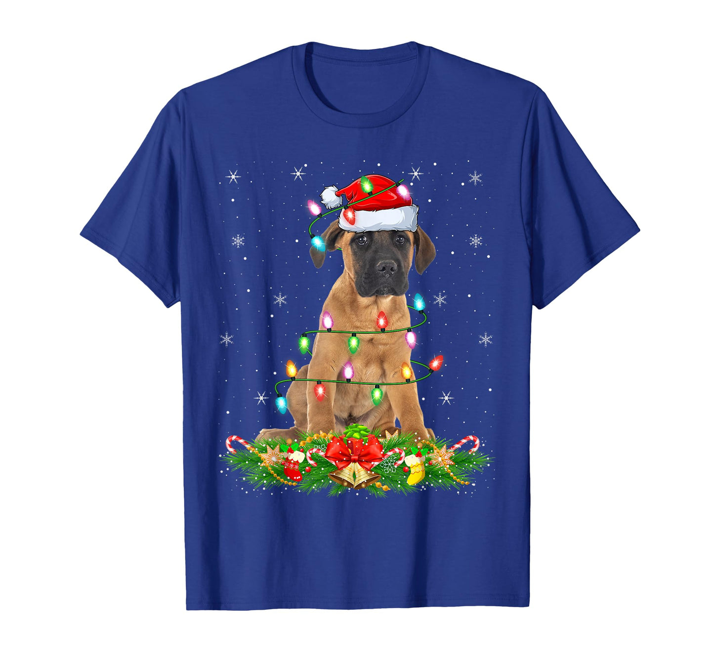English Mastiff Dog Christmas Lights Funny Santa Hat Xmas T-Shirt