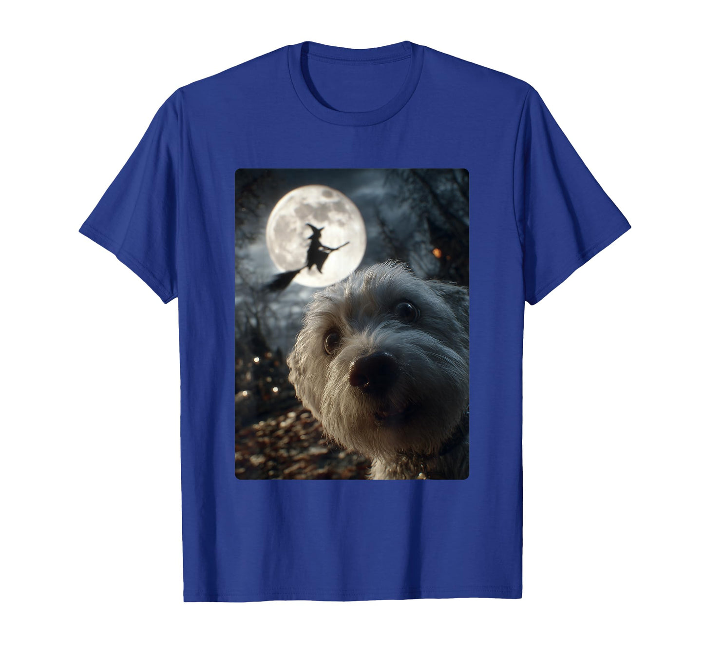 Funny Maltese Selfie Full Moon Flying Witch Halloween Dog T-Shirt
