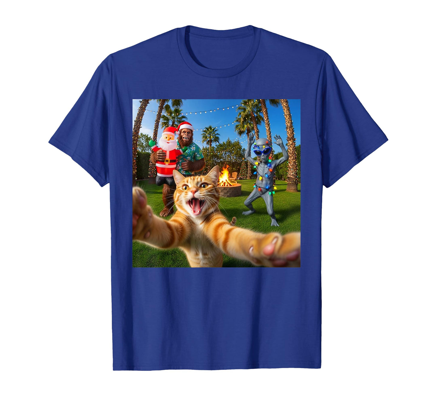 Funny Christmas Cat Selfie with Bigfoot & Alien Party T-Shirt
