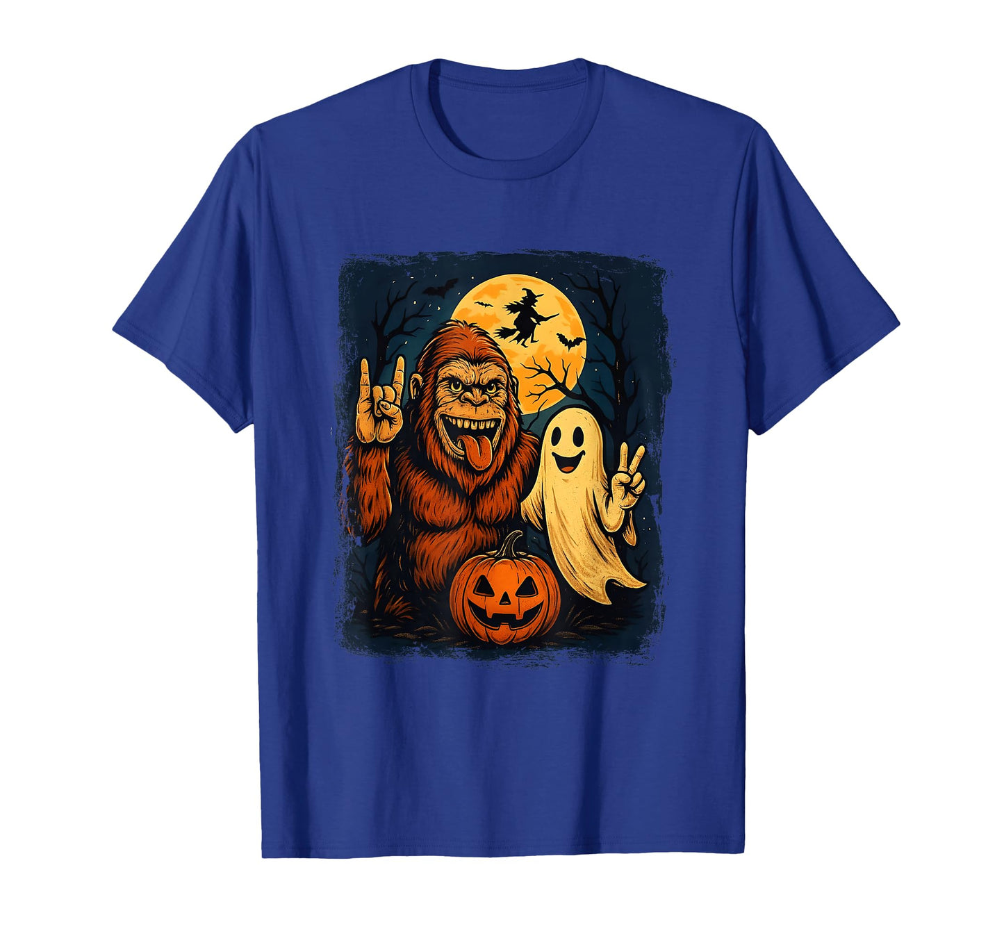 Tongue Out Bigfoot Selfie with Ghost Witch Pumpkin Halloween T-Shirt