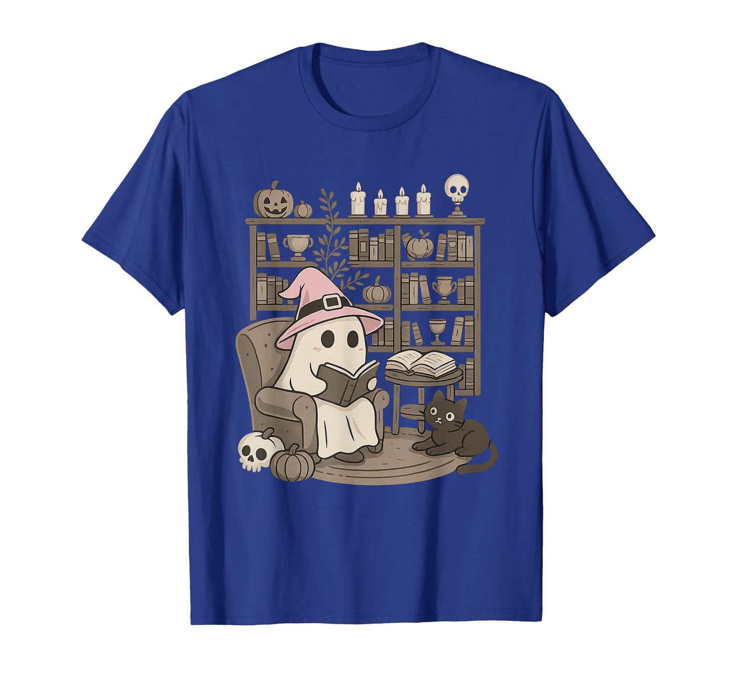Funny Ghost Witch Reading Black Cat Library Halloween T-Shirt