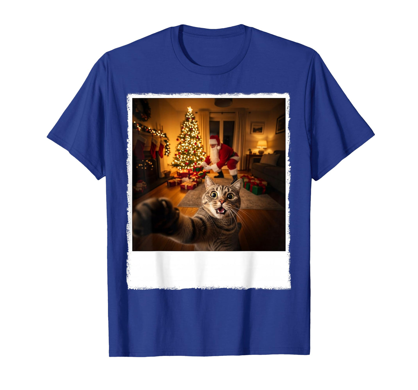Funny Grey Cat Selfie with Santa Claus Gifts Christmas Night T-Shirt