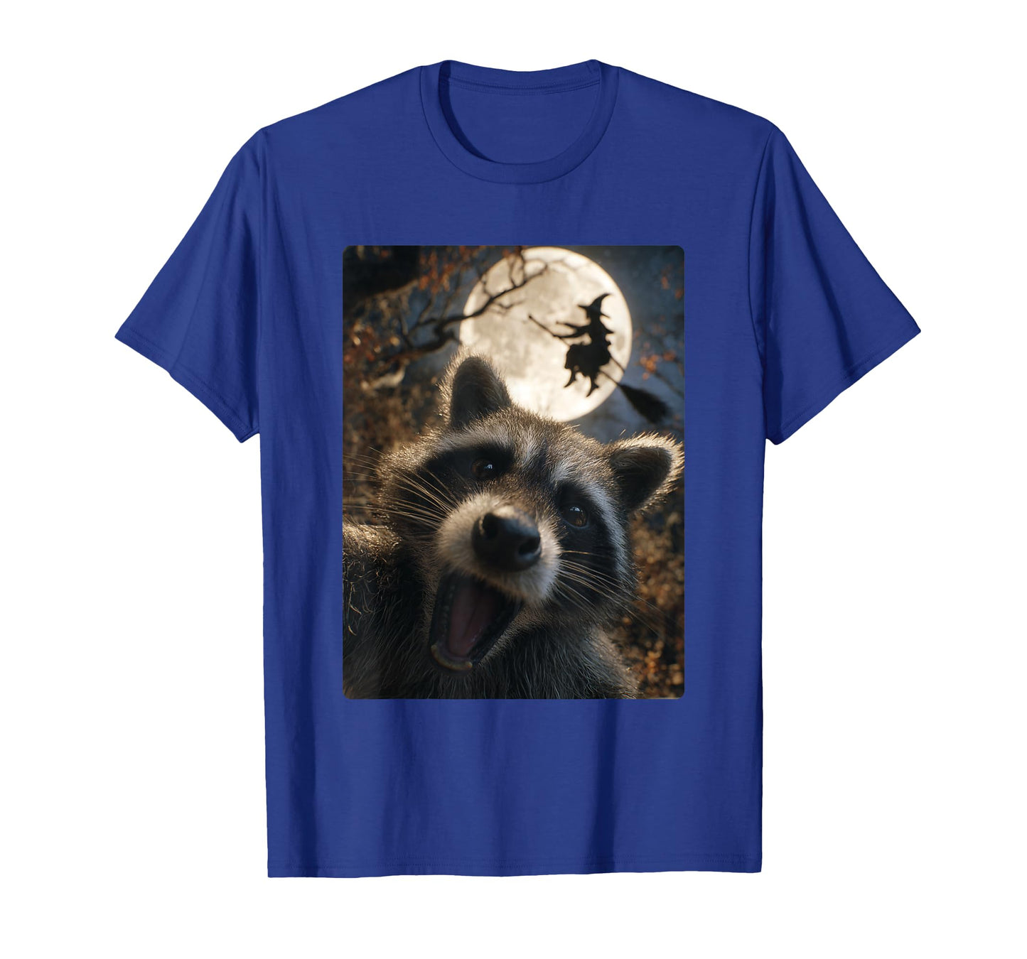 Funny Raccoon Selfie Full Moon Flying Witch Forest Halloween T-Shirt