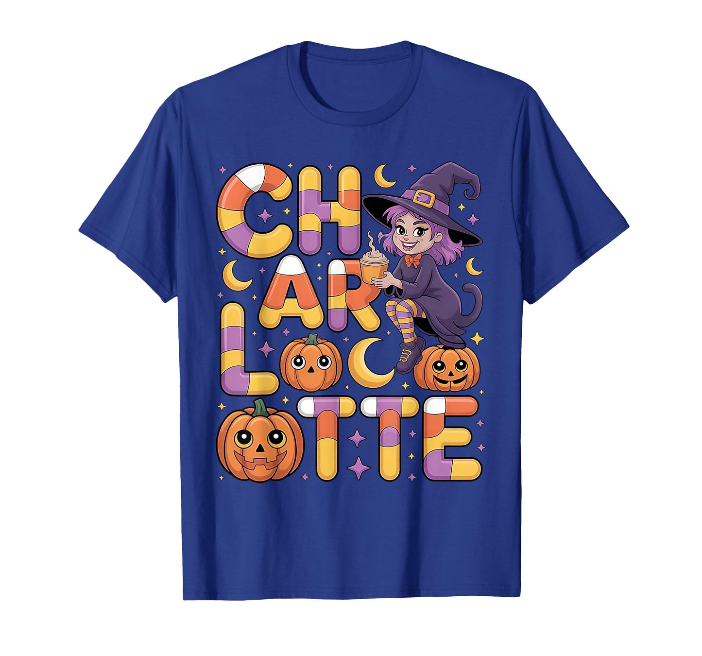 Charlotte Witch Candy Corn Cat Halloween Women and Girls T-Shirt