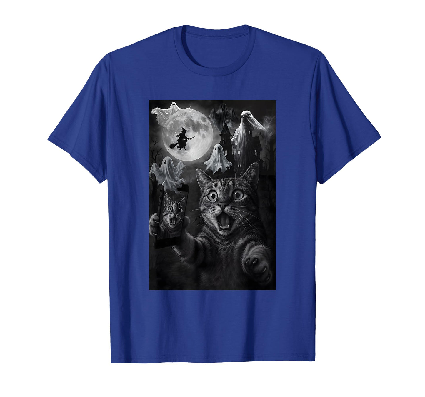 Halloween Surprise Cat Selfie Scary House Ghost Witch Flying T-Shirt