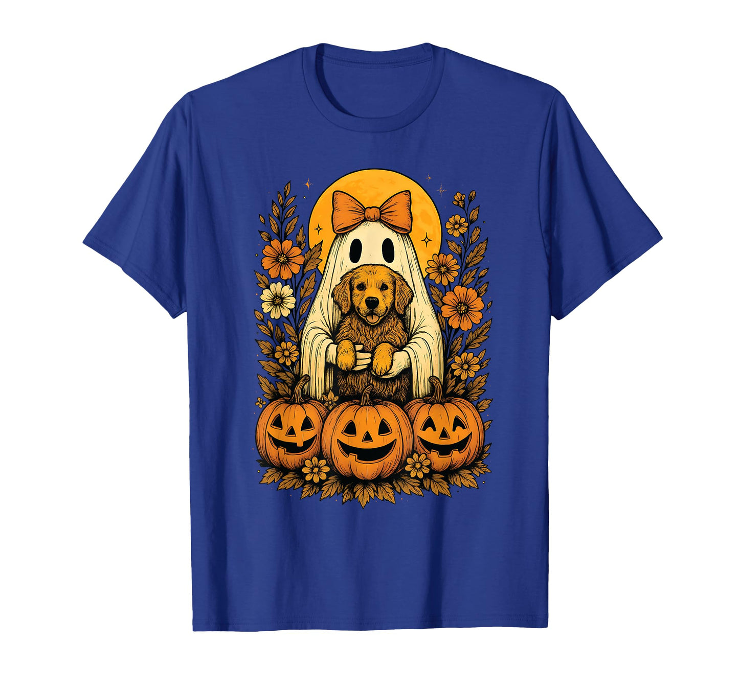 Vintage Halloween Ghost Holding Golden Retriever Dog T-Shirt