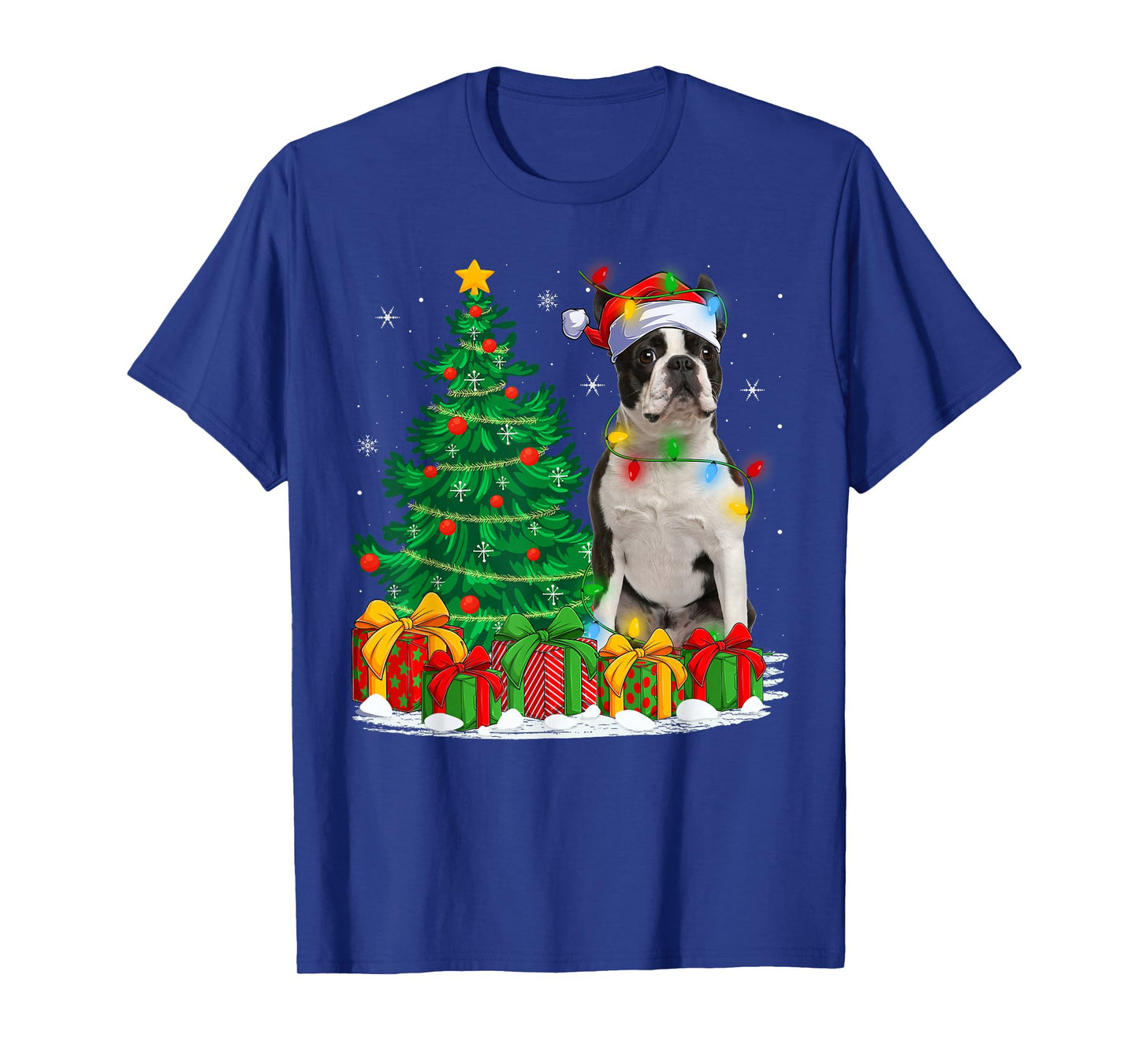 Boston Terrier Dog Christmas Tree Lights Santa Hat Xmas T-Shirt