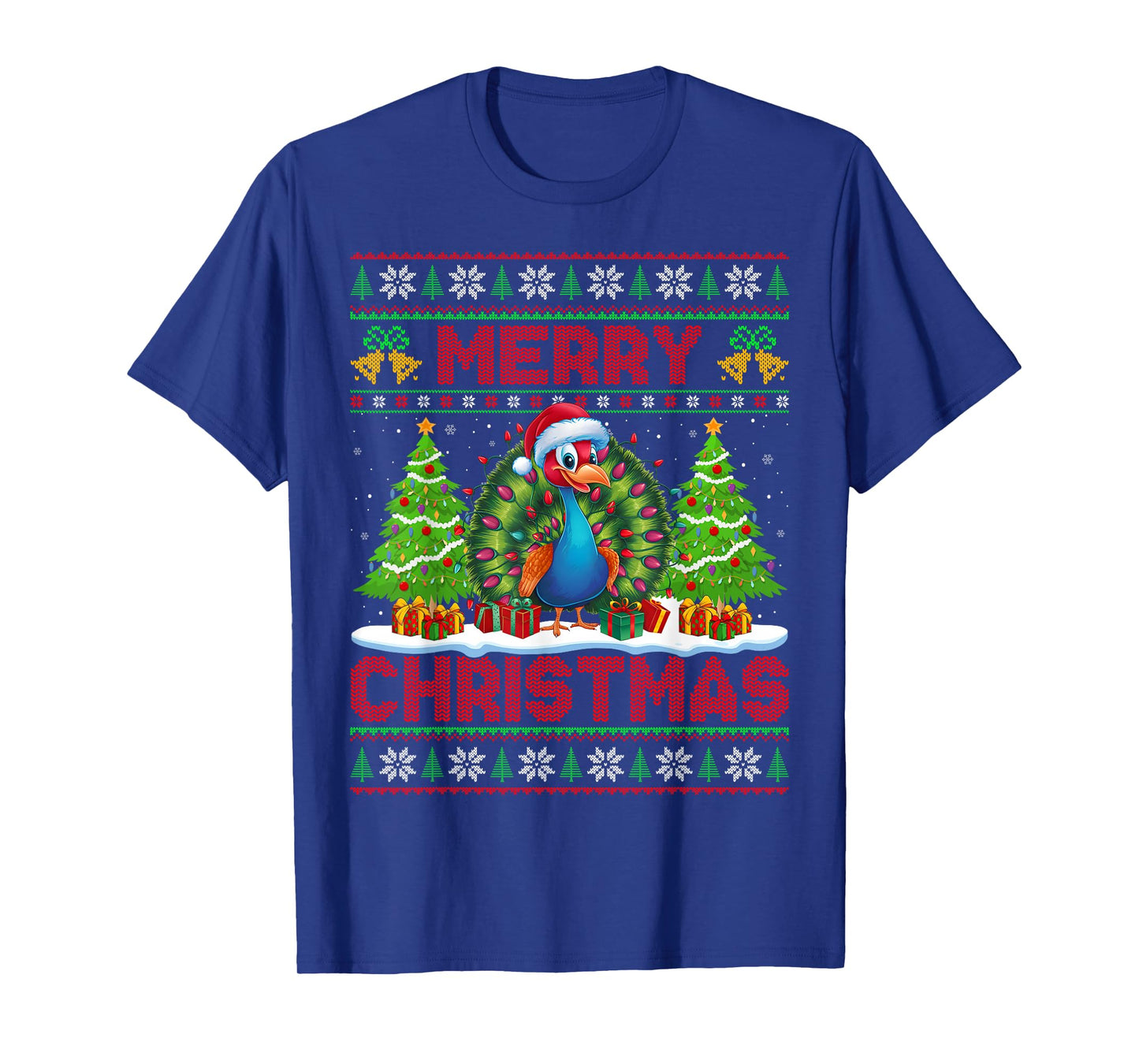 Peacock Bird Ugly Christmas Sweaters Funny Santa Lights Xmas T-Shirt