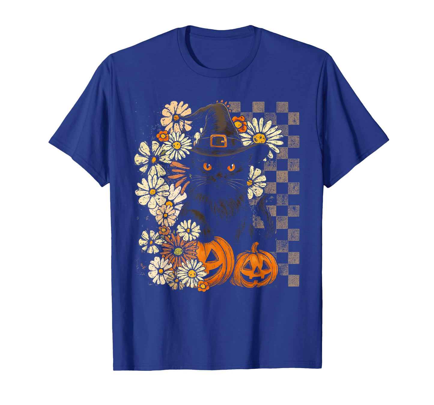 Retro Floral Black Cat Witch Pumpkin Halloween Spooky Season T-Shirt
